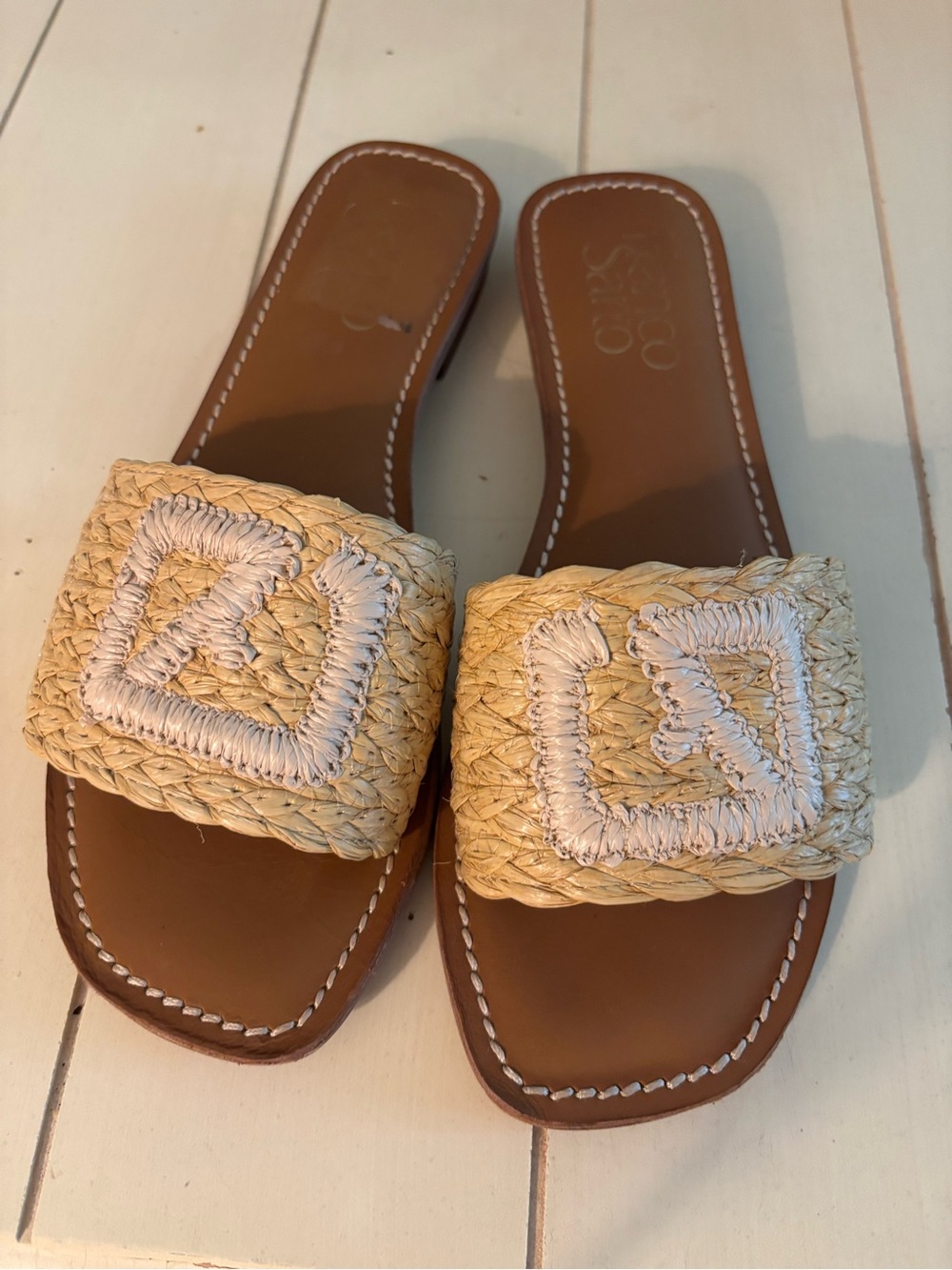 Franco Sarto Natural Straw Slide Sandals with White Stitch Detail - Women